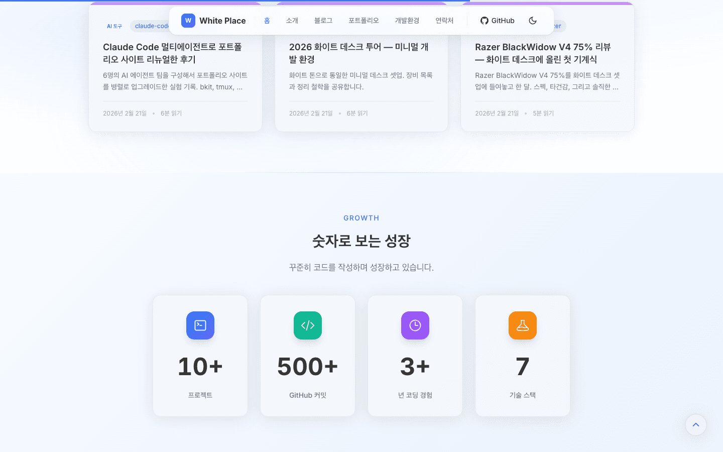 최근 포스트와 성장 지표 — 블로그 카드와 프로젝트·커밋·경험 카운터