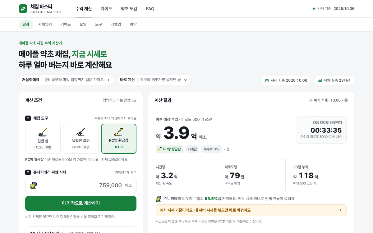 채집 마스터: 메이플 약초 채집 수익 계산기 화면