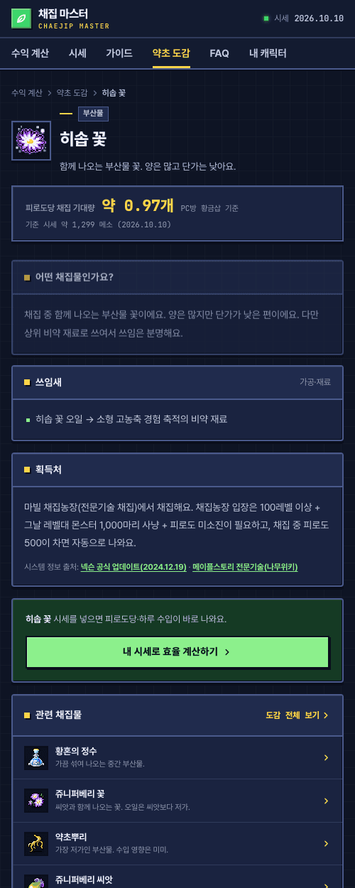 약초 도감 상세 페이지. 획득처와 관련 채집물 안내가 다른 도감 페이지와 같은 문장으로 채워져 있다